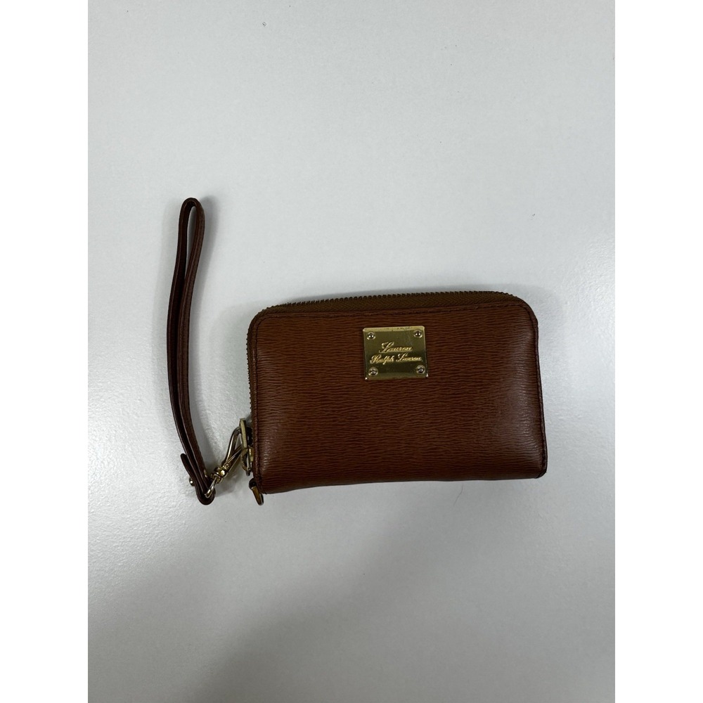 Lauren‎ Ralph Lauren Woman's Brown Leather Zip-Around Tech Wristlet Wallet Gold